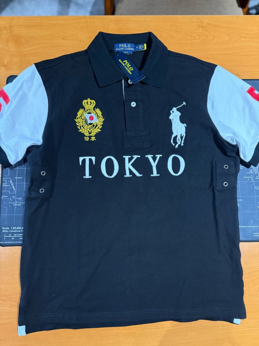 Ralph Lauren Black Polo with Light Blue Sleeves and White Logos